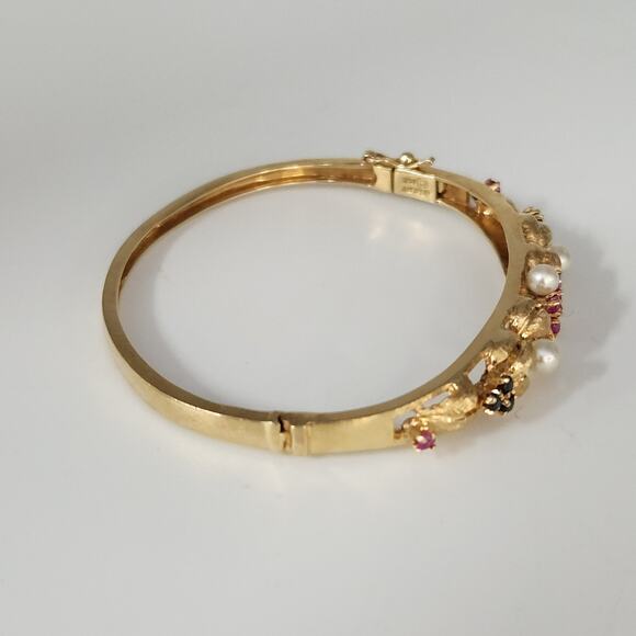 Set Of Antique 14k Yellow Gold Diamond,Pearls,Ruby &Sapphire Bangle Bracelets - Picture 7 of 16